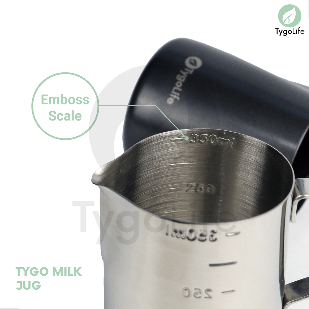 TYGOLIFE MILK JUG BARISTA LATTE ART 350ml 600ml TITANIUM/STAINLESS STEEL DGN SCALE