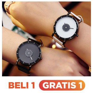 ✅Grosir Jam Senen -  BELI 1 GRATIS 1 - Jam Tangan Unisex Kulit Strap Bulat Hitam Layar Bulat