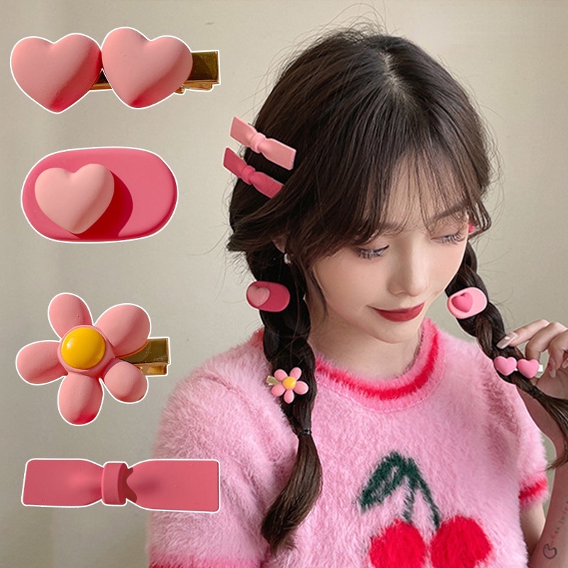 2 Pcs Jepit Rambut Bentuk Pita Motif Bunga Bahan Resin Akrilik Warna Pink Gaya Korea Untuk Wanita