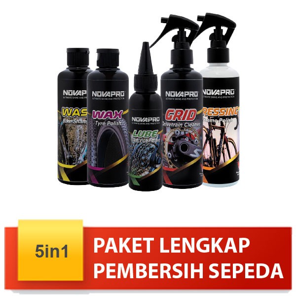 paket 5 in 1 perawatan sepeda Novapro grid lube dressing wash and wax tyre pembersih gear rantai frame bike mtb seli roadbike