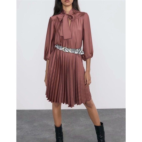 Pleated Dress with Snake Skin Belt | midi dress pink lengan karet balon dengan ikat pinggang