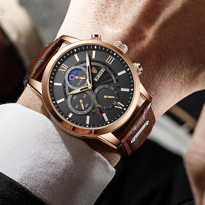 SALE✅LIGE 2022 terbaru original jam tangan pria tali kulit anti air olahraga kronograf jam tangan + kotak|SQ3