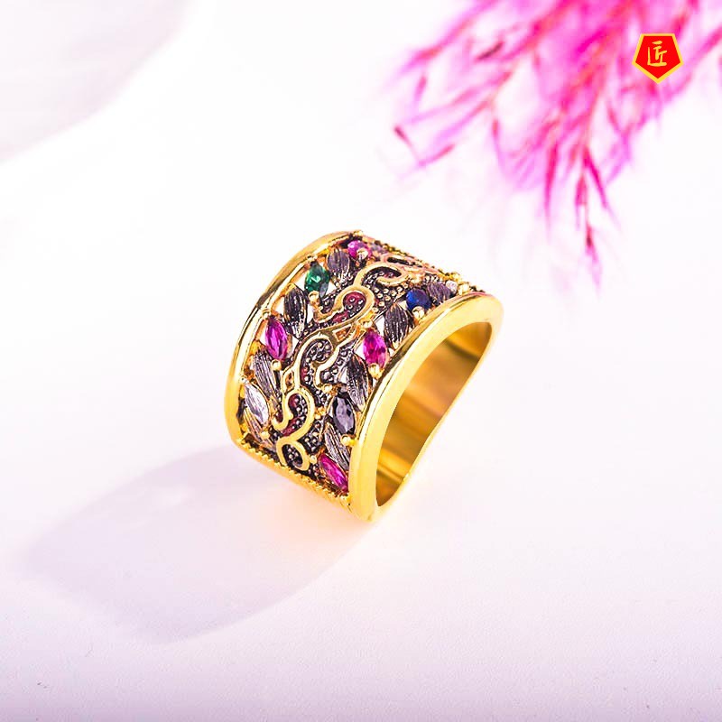 [Ready Stock]Luxury Gothic Style Colored Gemstone Ring 18K Gold