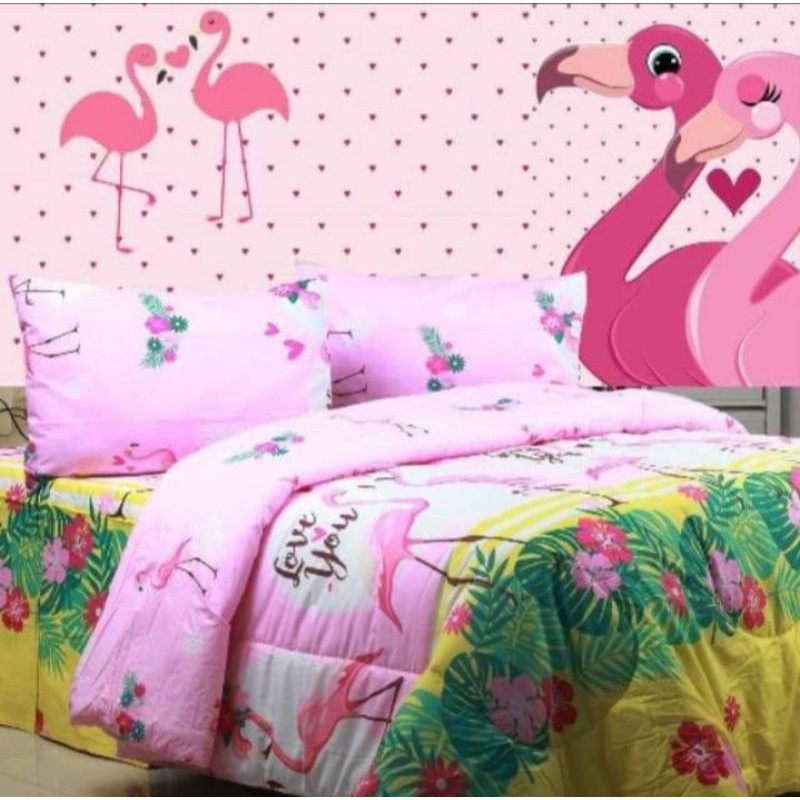 Sprei set bedcover bahan katun motif anak FLAMINGO ukuran 160x200