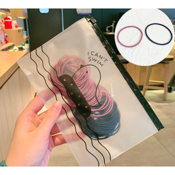 Ikat Rambut Korea I Can Swim isi 100 pcs Warna Warni DAPET POUCH-BLACK + UNGU