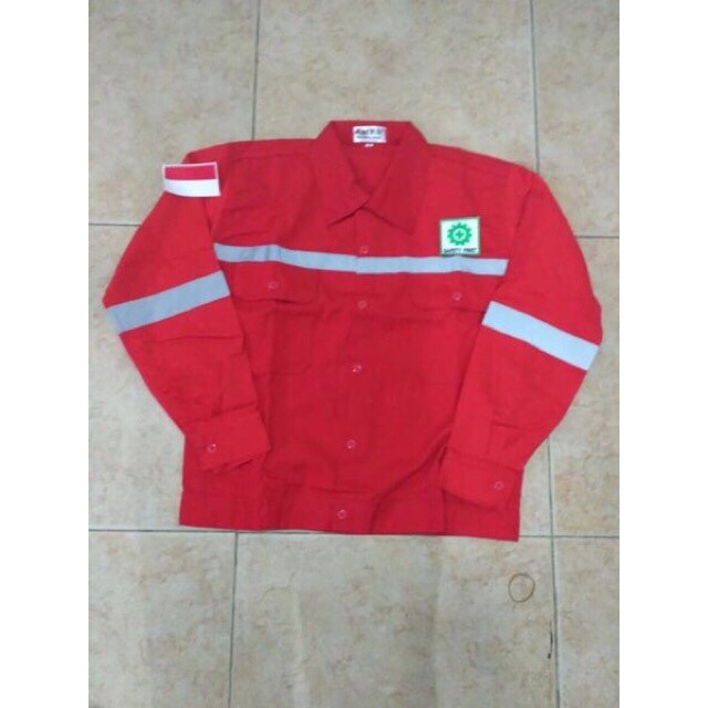 Baju safety atasan lengan panjang warna merah +logo k3 dan merah putih
