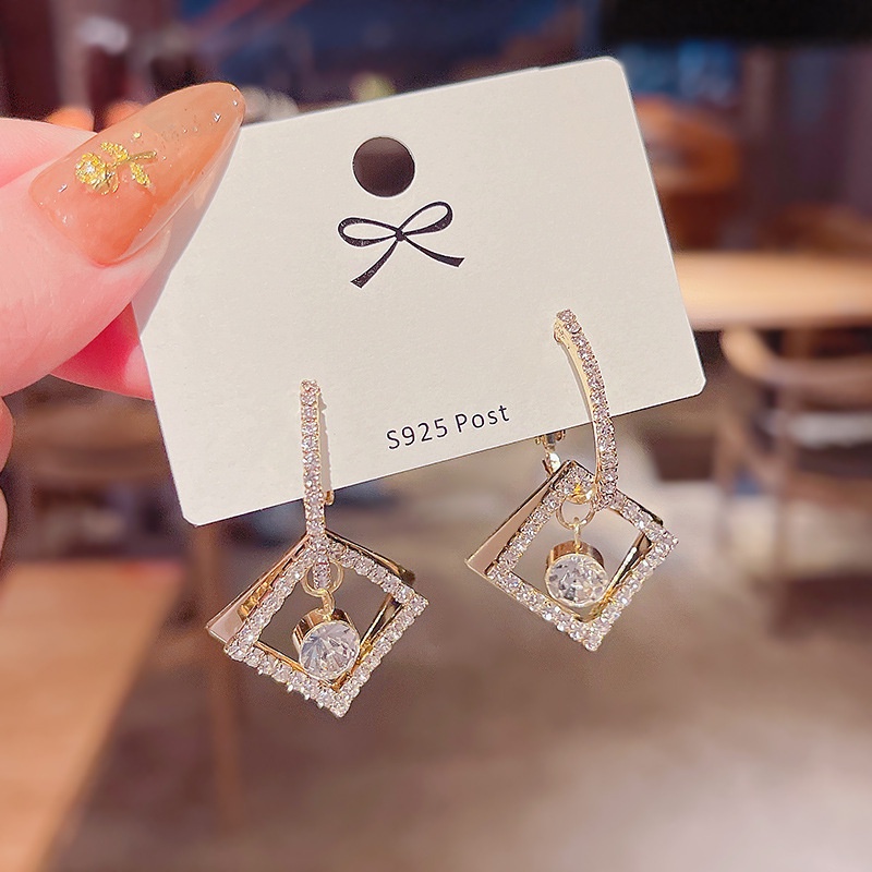 Anting Tusuk Gantung Bahan Sterling silver 925 Desain Geometri Hias Zircon / Berlian High Quality Untuk Wanita