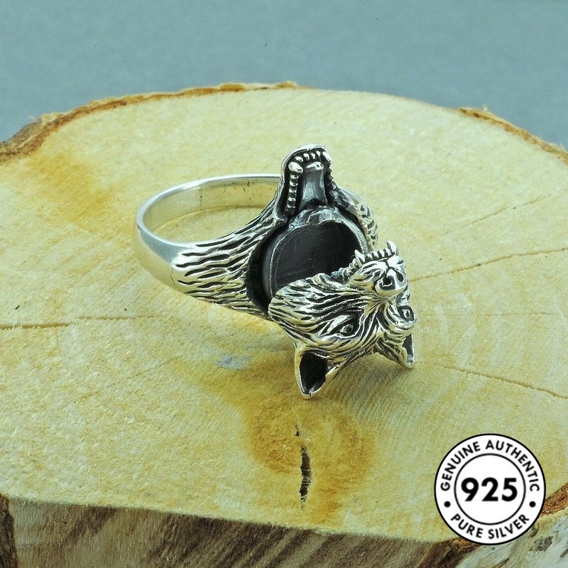 Cincin Desain Kepala Serigala Bahan S925 Untuk Pria