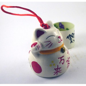 MANEKI NEKO LUCKY CAT LONCENG KERAMIK PUTIH KECIL