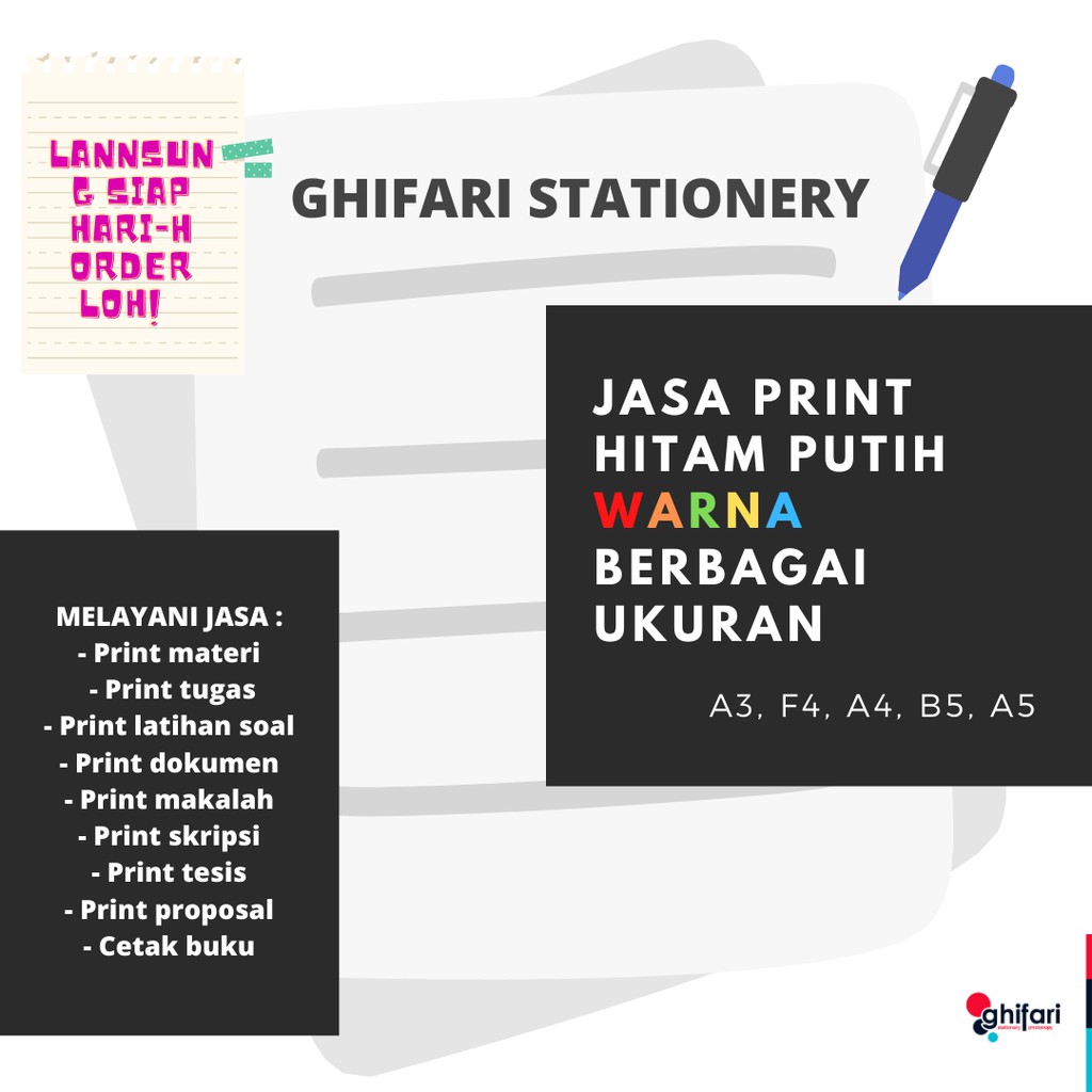 

Jasa PRINT CETAK A4 F4 B5 A5 Dokumen Materi Tugas Skripsi Makalah Buku Hitam Putih Warna