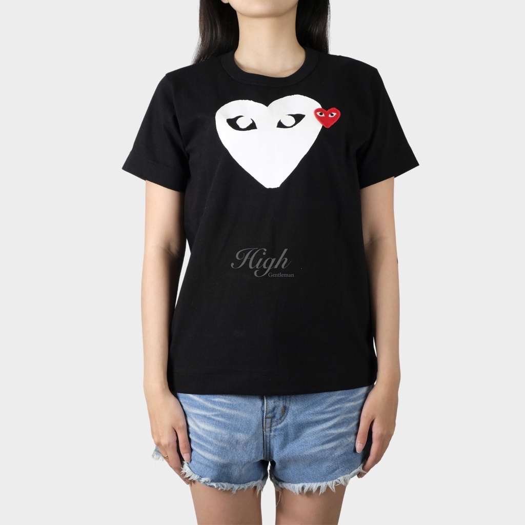 CDG Women Big White Heart Tee Black 100% Authentic