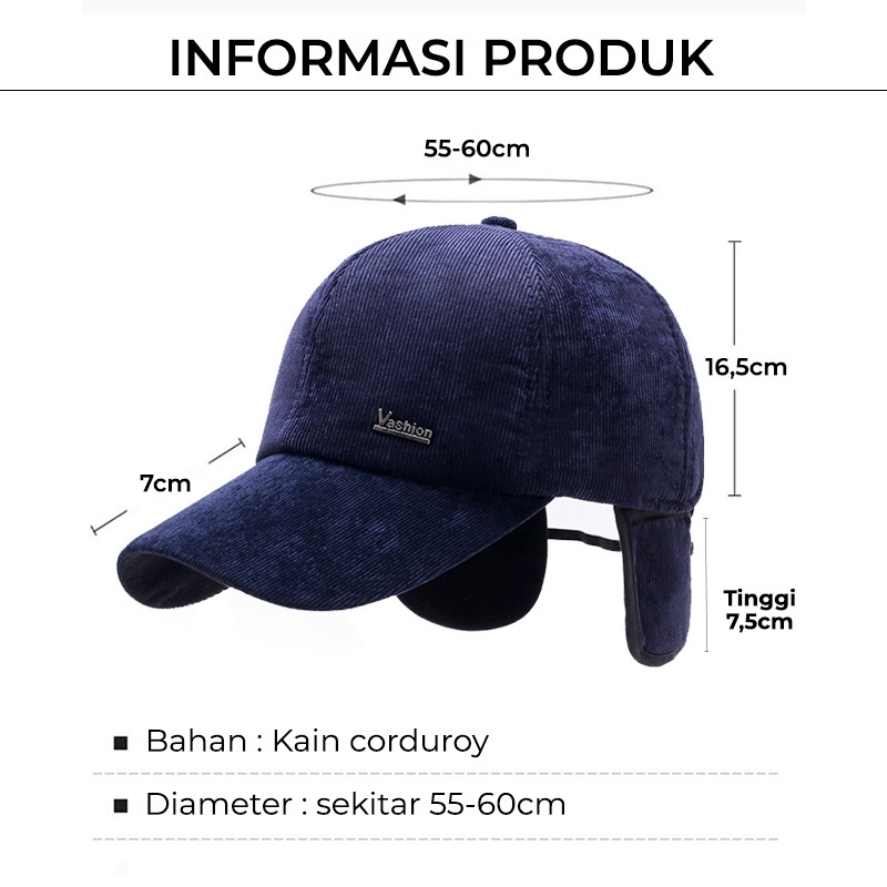 Topi Pria Wanita Baseball Casual Motif VASHION Aksen Penutup Telinga Cap Sport TWI