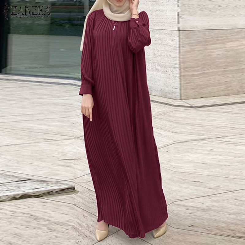 ZANZEA Women Fashion Casual Solid Color Long Sleeve O Neck Retro Muslim With Belt Maxi Dress