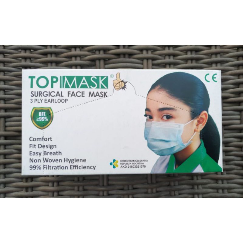 Masker 3ply 3 lapis earloop 1 box isi 50 TOP MASK