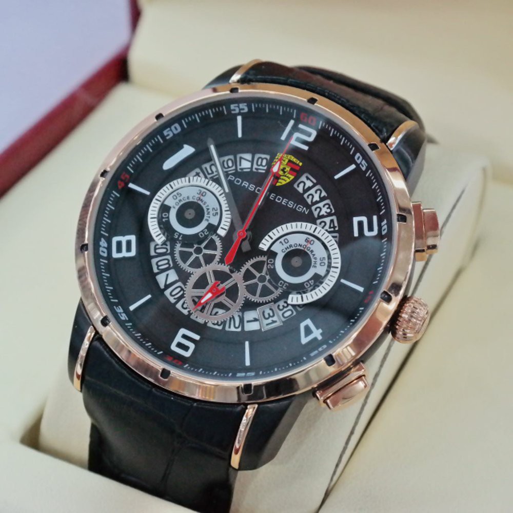 Jam Tangan Pria Porsche Design 92 Super Chrono Aktif Leather Strap Bezel Gold Rose - 5Pilihan Warn