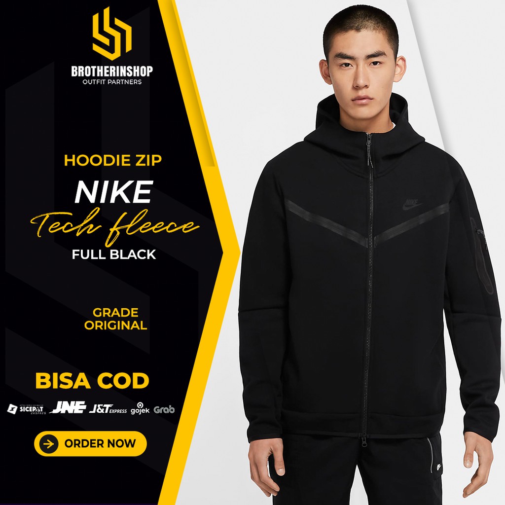 Jaket Hoodie Nike Tech Fleece Full Black Replika . Jacket Cowok Olahraga Joggung Harian Pria