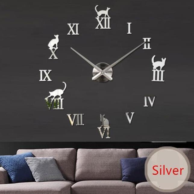 Jam Dinding Besar DIY Creative Design Model Kucing Lucu - Silver webk07