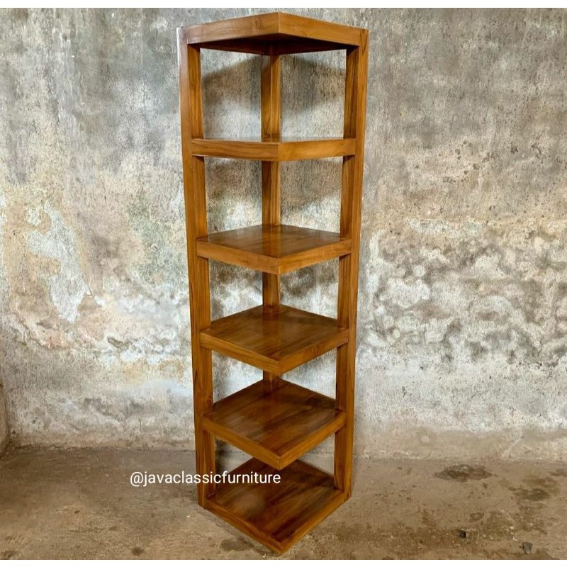 RAK BUKU PAJANGAN POT BUNGA POJOK SUDUT MINIMALIS BAHAN KAYU JATI FINISHING NATURAL TINGGI 150 CM