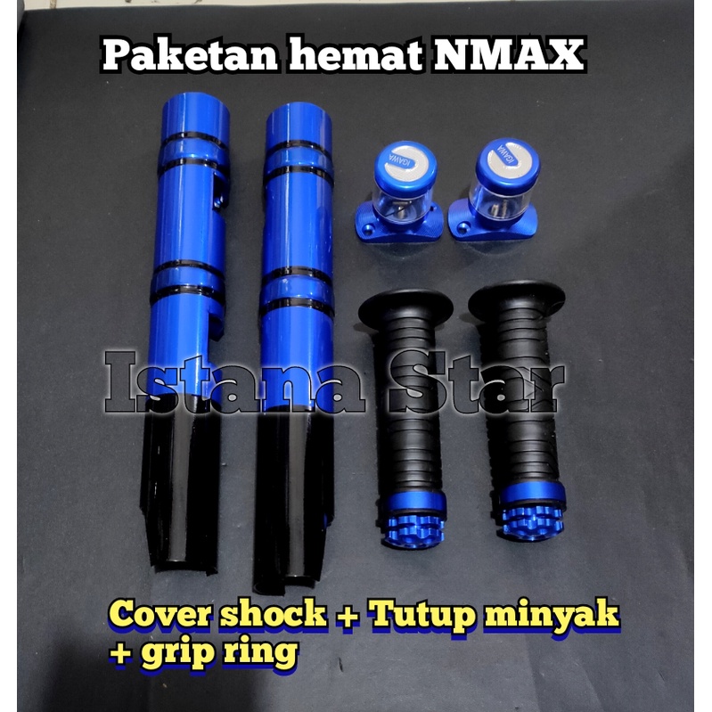 Cover shock depan NMAX Pluss 2 tutup minyak kaca kiri+kanan plus grip ring CNC BIRU