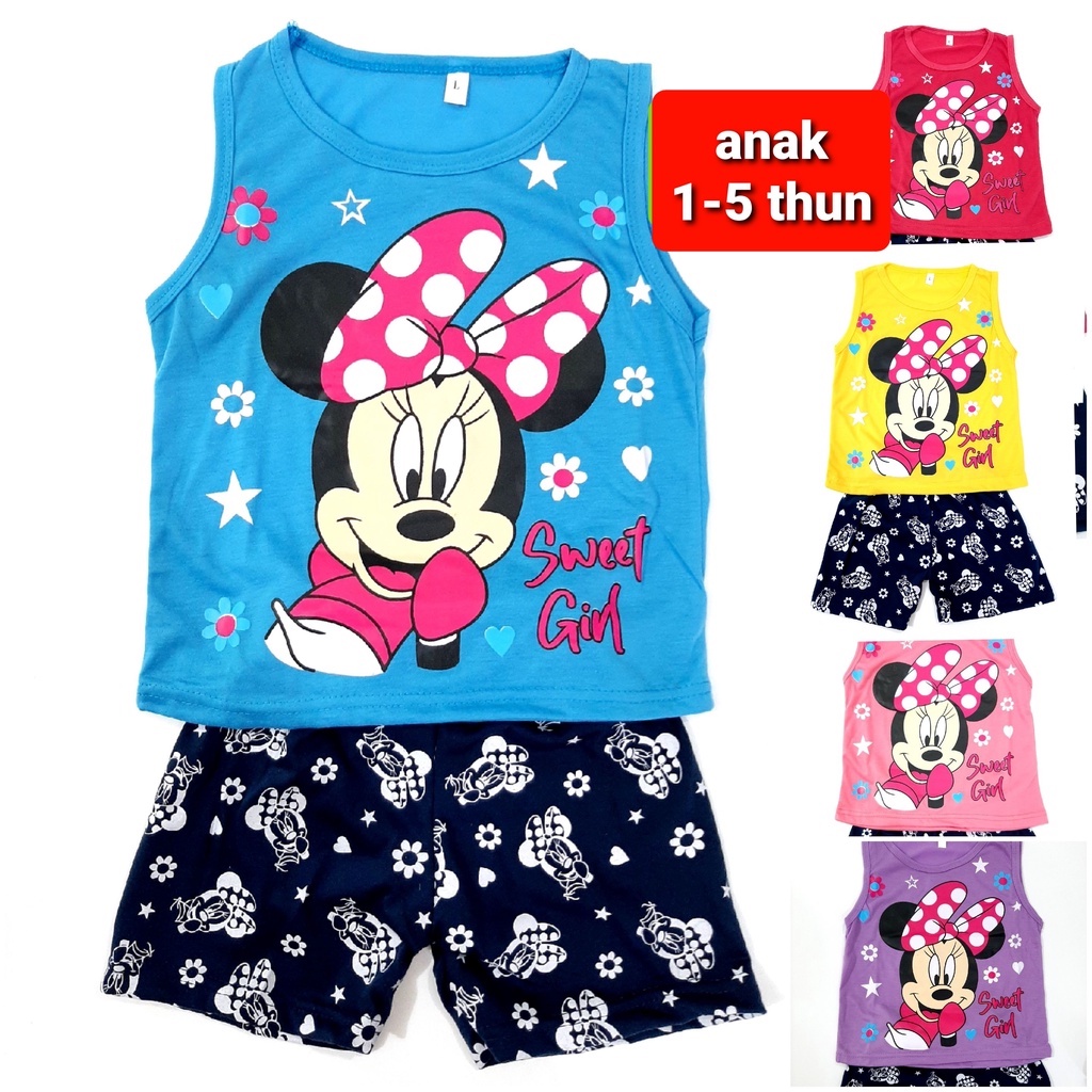 setelan kaos singlet celana pendek 1-10 tahun anak perempuan pakaian  cewek S M L XL MIKI grosir