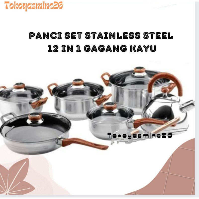 Panci  set Teko 12 Pcs Tutup kaca Gagang kayu/Panci Set Stainlesstell/ Panci set serbaguna