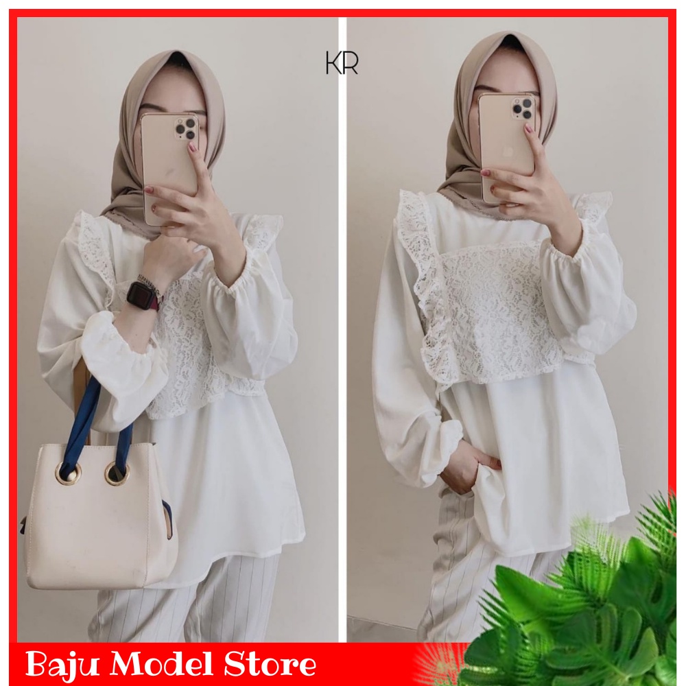 BAJU MODEL - Melea Blouse Wanita Kekinian Putih Polos Lengan Balon Panjang Modern Blus Korea Kemeja 