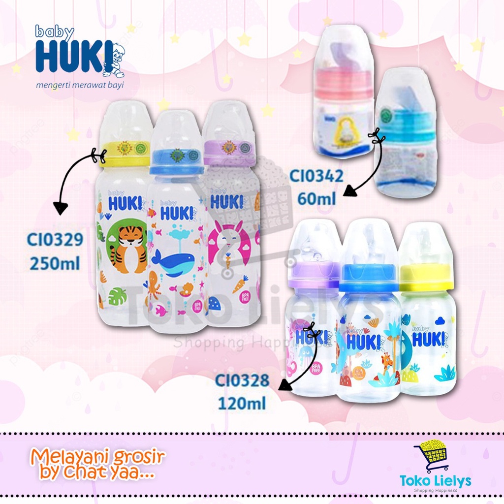 Huki Baby Bottle 60ml 120ml 240ml Botol Susu Dot Nipple Silicone Dot Gepeng