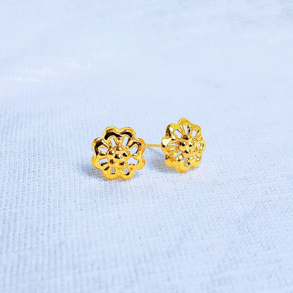 Anting duduk anak dan dewasa emas asli kadar 700 70 16k 3D bunga like kendari simpel giwang kerabu paku cucuk stud ringan 0,5 gr gram g setengah gold earrings