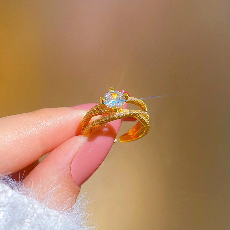 Cincin Titanium Wanita (Terbuka) Desain Silang Berlian Mewah Emas 18K Aksesoris Korea