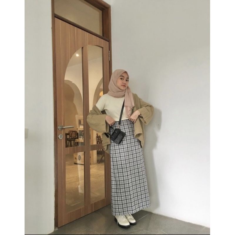 Rok Tartan Panjang Span Korean Style  Rok Kotak Kotak Panjang Korea Wanita Remaja matt Spandex Semi Woll