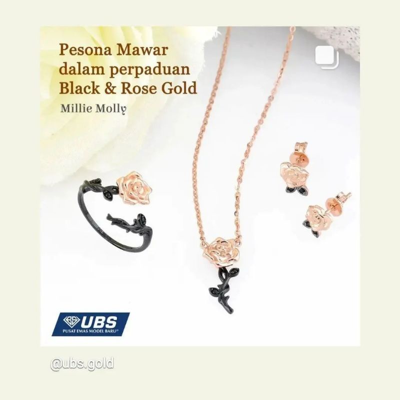 Kalung, giwang anting tusuk, Cincin rose bunga black gold white gold UBS 8K 375