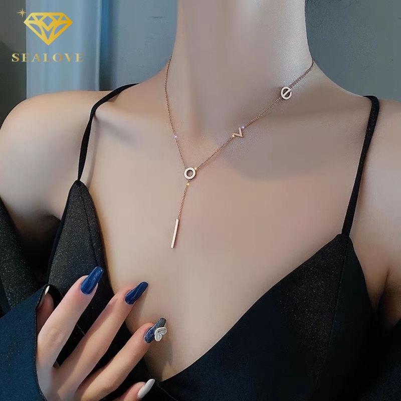 Kalung Titanium love mawar emas anti karat dan anti luntur Perhiasan Wanita Korea