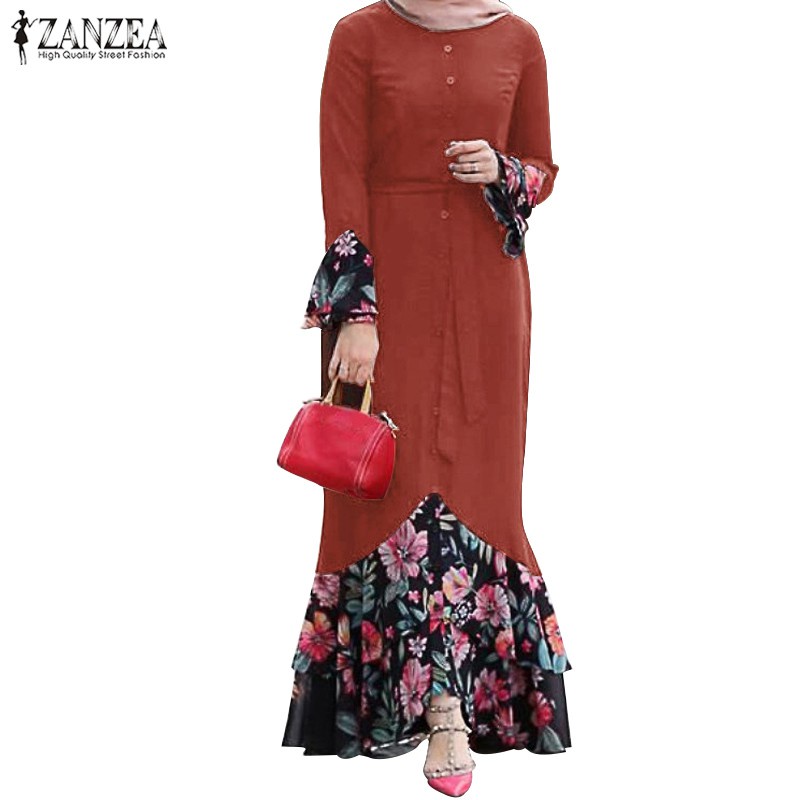 ZANZEA Women Long Sleeve Vintage Printed Fishtail Hem Muslim Long Dress