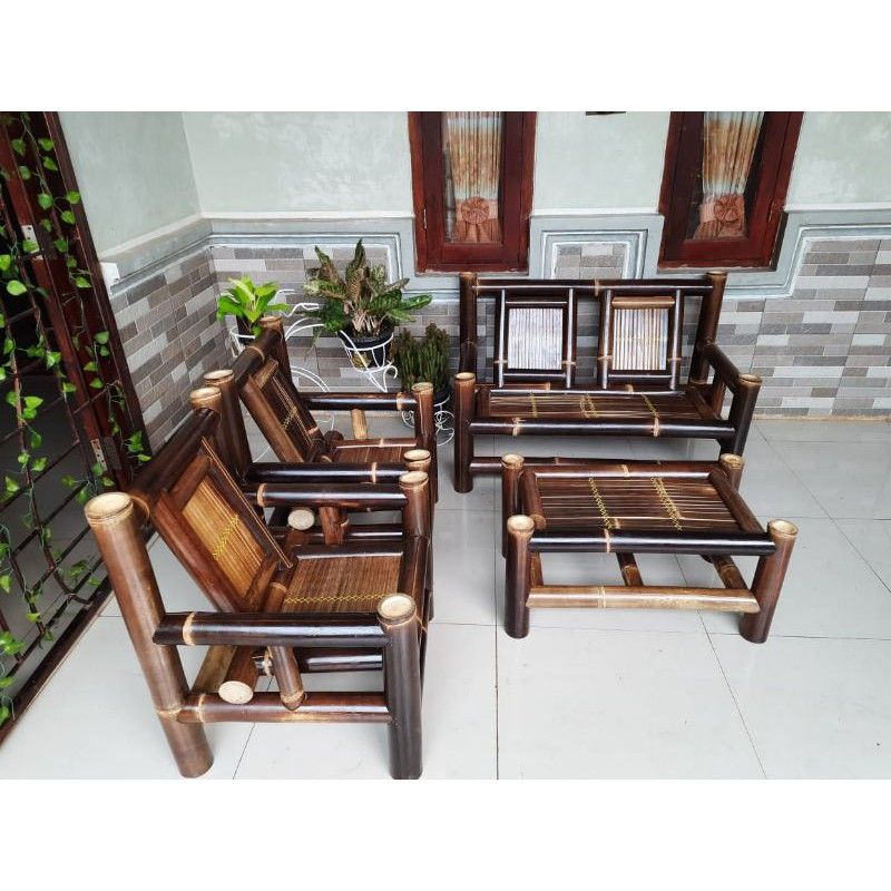 kursi bambu hitam asli / bangku bambu 1set 4 pcs