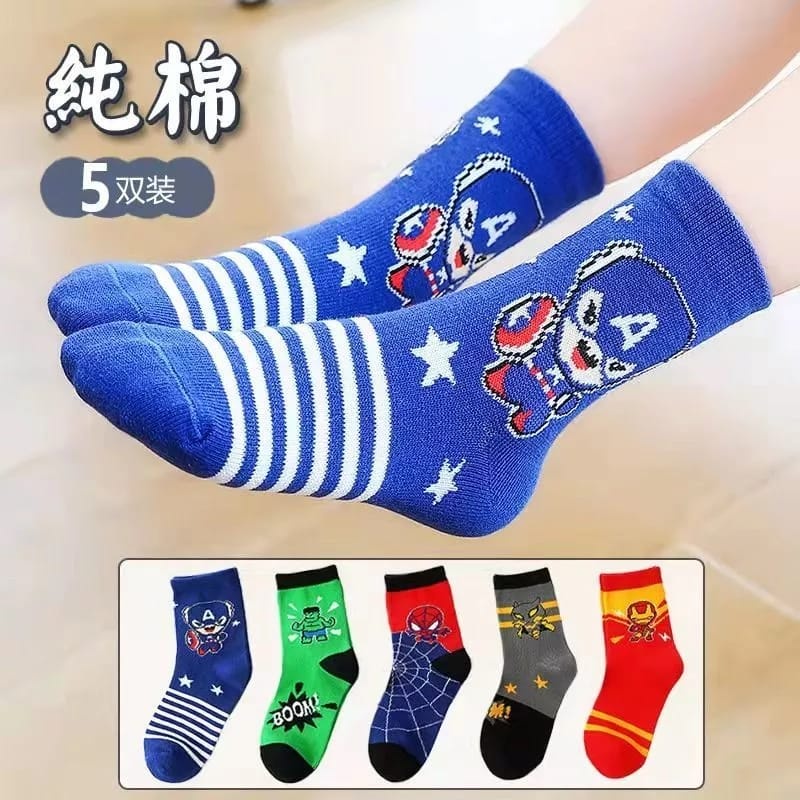 Kaos Kaki Anak Karakter Superhero 1 Set Isi 5 Socks Baru 001 New