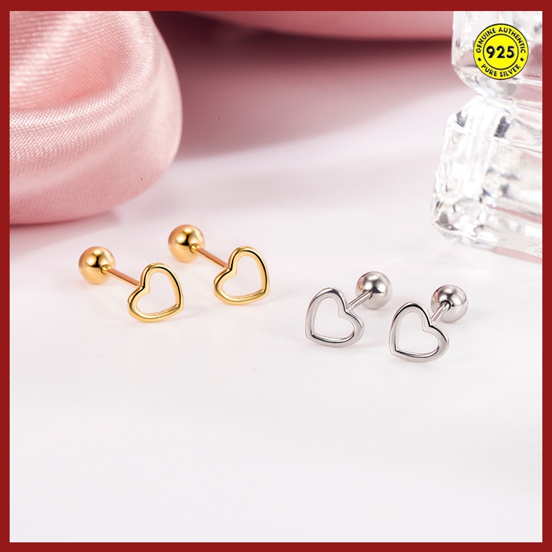 Anting Stud S925 Silver Bentuk Hati Model Hollow Untuk Wanita