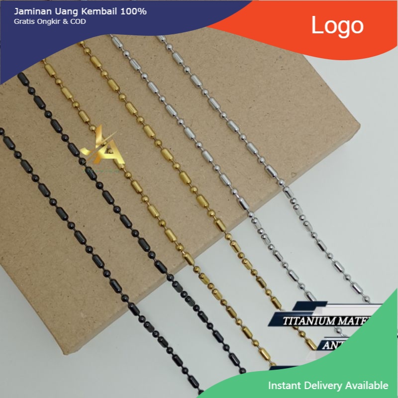 ASLI Kalung Rantai Mci Titanium Hitam 60cm Pria Wanita Bola Bambu Tabung Cowok Cewek Anti Karat Sela