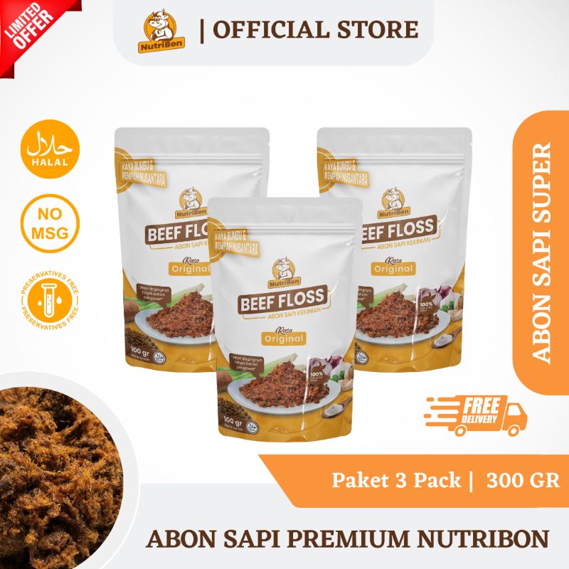 

3 PACK PREMIUM ABON SAPI ASLI MANIS NUTRIBON | BEEF FLOSS MAKANAN SURVIVAL | LAUK INSTAN