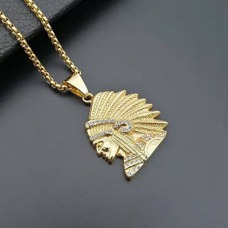 Kalung Rantai Liontin Kepala Suku Indian Bahan Stainless Steel 316 Lapis Emas Gaya Hip Hop