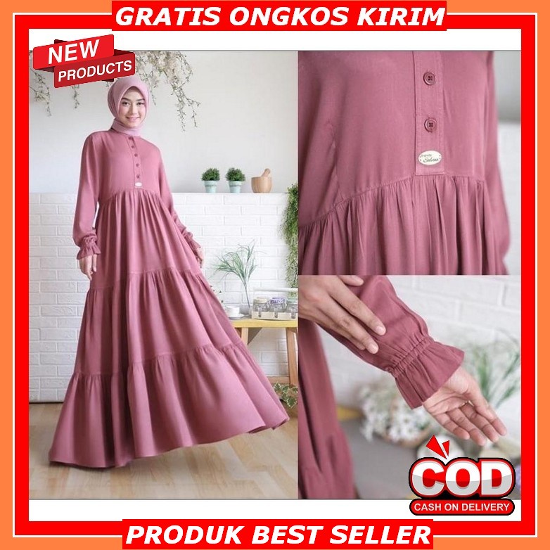 Coa Gamis Midi Hitam Polos Wanita  Ld 100-110Cm Terbaru 2022 Kekinian Kombinasi Lengan Balon Kerut L