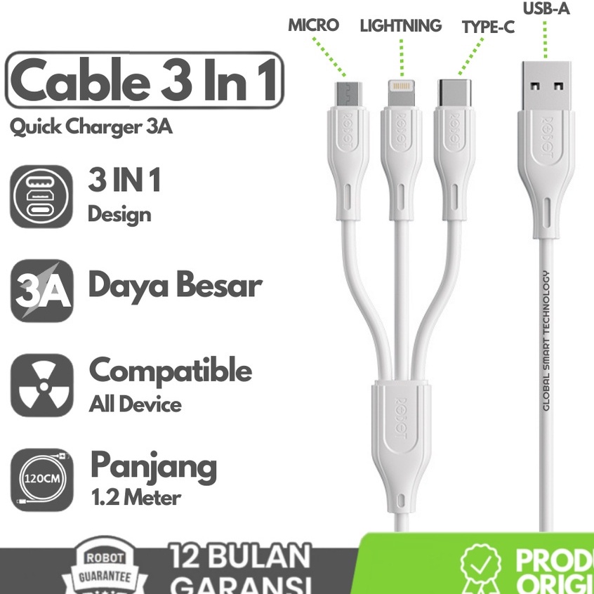 ROBOT RDY120 3in1 Micro USB C Lightning Kabel Cable Fast Quick Charge 3A 1.2M kabel data 3 cabang 120cm micro type-c iphone