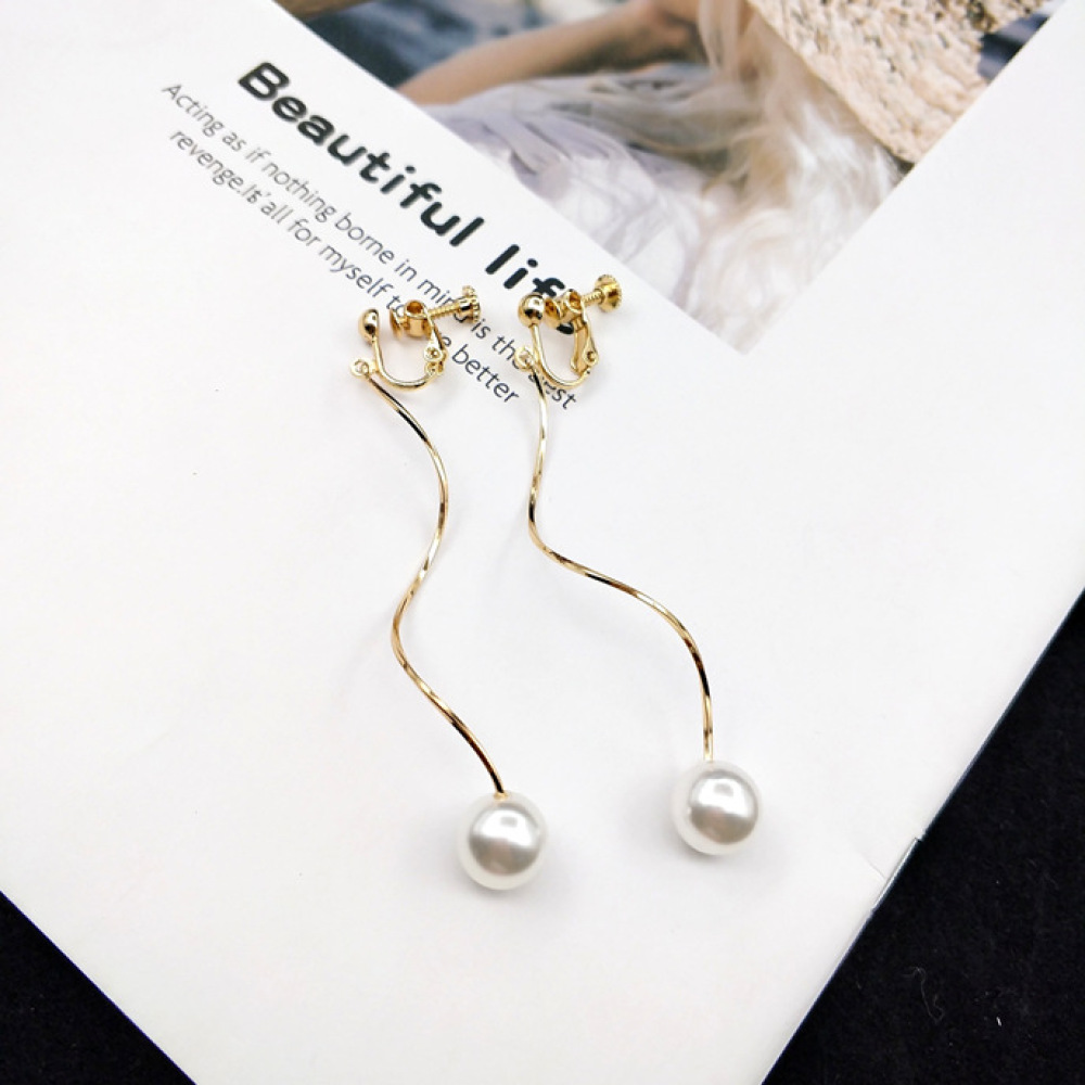Anting Klip Tanpa Tindik Hias Mutiara Panjang Lapis Emas Gaya Korea Untuk Wanita