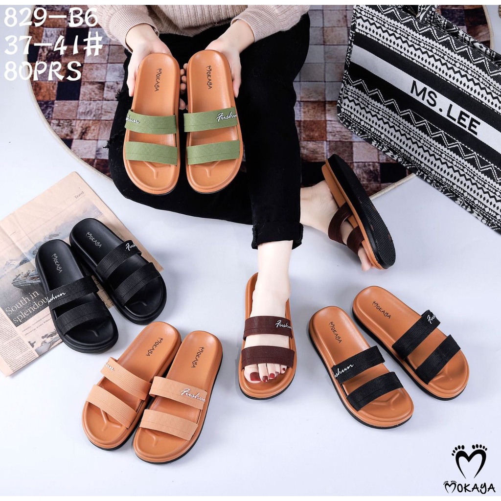 Sandal Slop Jelly Wanita Ban 2 Polos Bermotif Tulisan Fushun Elegant Casual Keren Import Mokaya / Size 37-41 (829-131/829-B6)