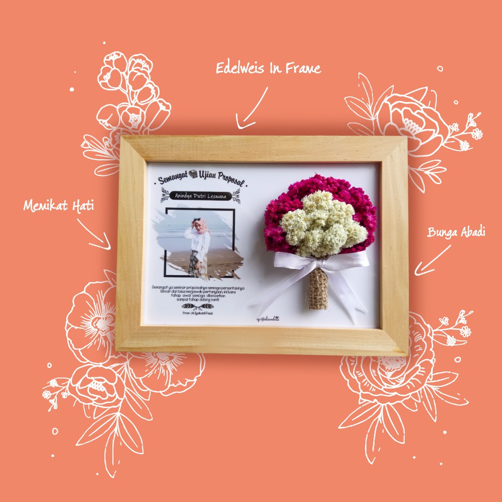 Edelweis Frame Bingkai Kayu Ukuran 5R Hadiah Wisuda Ultah Nikahan | Bunga Budidaya