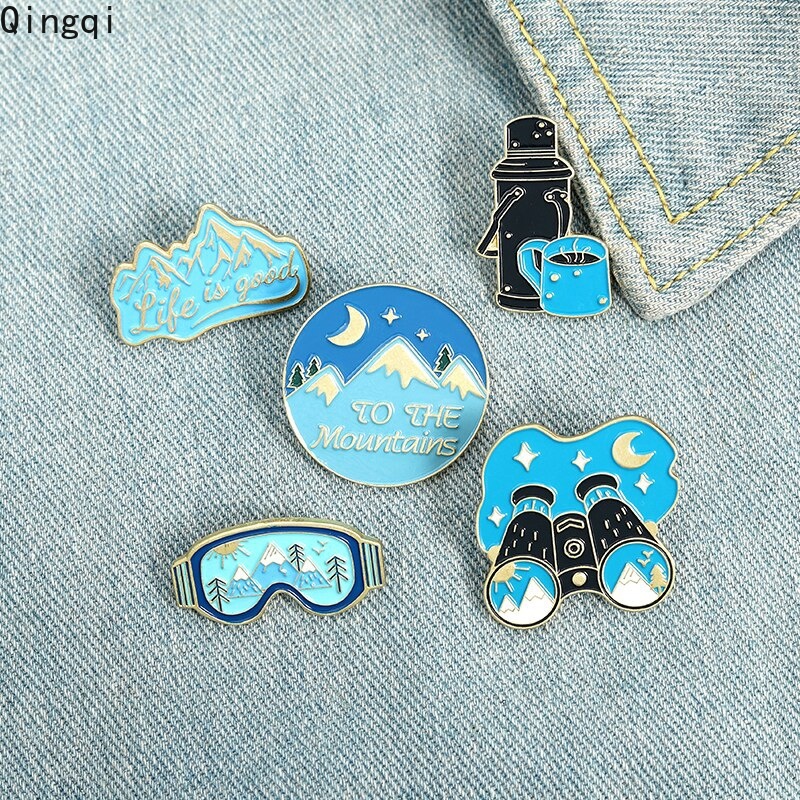 Outdoor Adventure Bros / Pin Enamel Bentuk Gunung / Kacamata / Teleskop / Thermos Untuk Aksesoris Pria / Wanita / Travel
