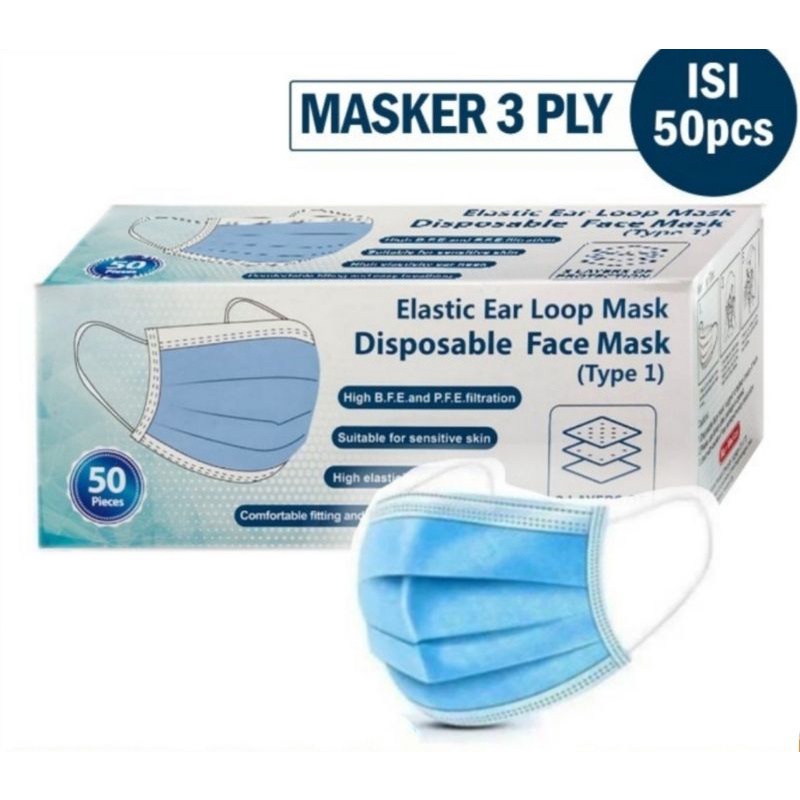 masker kesehatan masker earloop isi 50 pcs (1 box) masker 3 ply masker medis