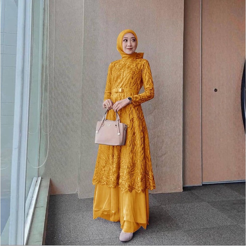 MAXI ALMIRA (M,L,XL,XXL) GAMIS MUSLIM MURAH GAMIS BRUKAT BEST SELLER TERLARIS GAMIS KONDANGAN GAMIS MURAH GAMIS MUSLIM-Mustard
