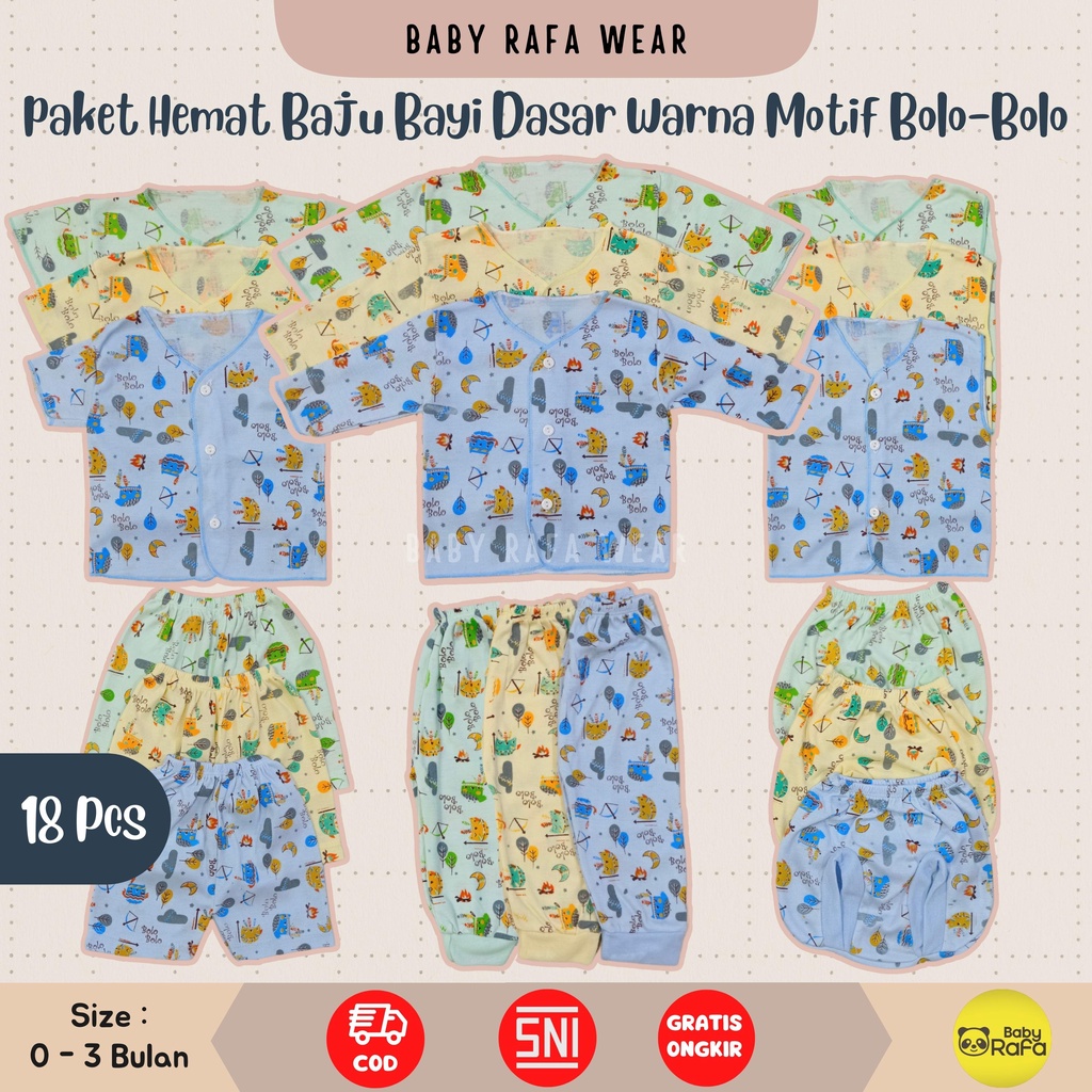 Paket Hemat Baju Bayi Motif 18 pcs / 9 stel merk SNI BOLO - BOLO, Kain Dasar Warna Motif