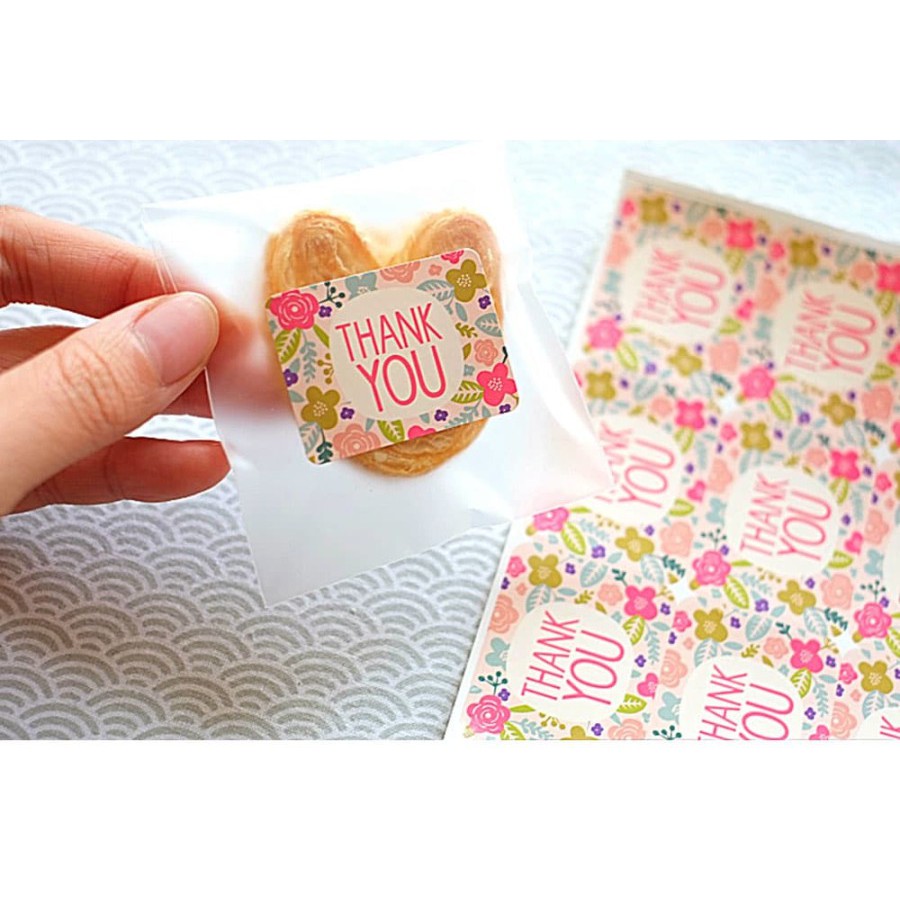 Paper Tags Sticker &quot;THANK YOU&quot; - Pink Flower Pattern (1sheet/9pcs)