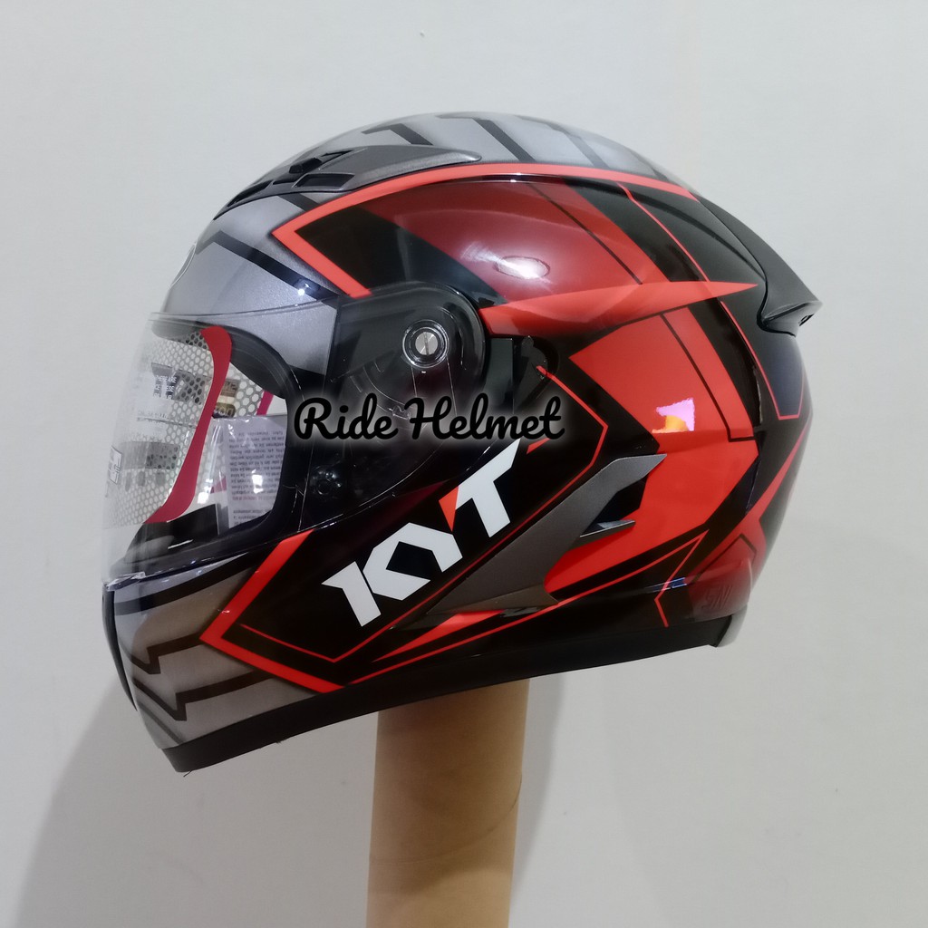 Helm Full Face KYT Falcon 2 Motif Armour Black Red Fluo Double Visor Original Merah Hitam Touring